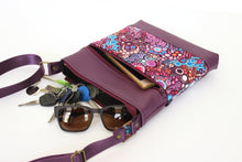 Load image into Gallery viewer, Purple vegan leather small crossbody purse for women, faux non leather and purple wave fabric bag, everyday casual crossover zip top purse