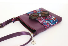 Load image into Gallery viewer, Purple vegan leather small crossbody purse for women, faux non leather and purple wave fabric bag, everyday casual crossover zip top purse