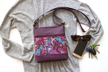 Load image into Gallery viewer, Purple vegan leather small crossbody purse for women, faux non leather and purple wave fabric bag, everyday casual crossover zip top purse