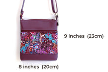 Load image into Gallery viewer, Purple vegan leather small crossbody purse for women, faux non leather and purple wave fabric bag, everyday casual crossover zip top purse