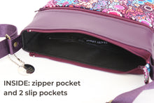 Load image into Gallery viewer, Purple vegan leather small crossbody purse for women, faux non leather and purple wave fabric bag, everyday casual crossover zip top purse