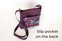 Load image into Gallery viewer, Purple vegan leather small crossbody purse for women, faux non leather and purple wave fabric bag, everyday casual crossover zip top purse