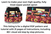Load image into Gallery viewer, Apron pattern pdf, two zipper pocket craft show apron, market apron sewing tutorial, vendor apron, waitress server cash money waist apron