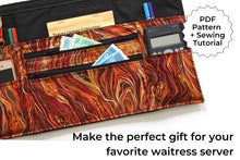 Load image into Gallery viewer, Apron pattern pdf, two zipper pocket craft show apron, market apron sewing tutorial, vendor apron, waitress server cash money waist apron