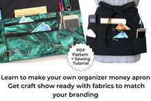 Load image into Gallery viewer, Apron pattern pdf, two zipper pocket craft show apron, market apron sewing tutorial, vendor apron, waitress server cash money waist apron