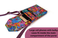Load image into Gallery viewer, Crossbody phone bag for dog lovers, minimalist cell phone purse for dog mom, laurel burch dog fabric cell phone pouch, dog mum gift idea