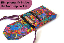 Load image into Gallery viewer, Crossbody phone bag for dog lovers, minimalist cell phone purse for dog mom, laurel burch dog fabric cell phone pouch, dog mum gift idea