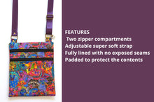 Load image into Gallery viewer, small crossbody bag for dog lover, Laurel Burch dog fabric cross body double zipper cell phone purse, birthday Christmas gift for dog mom