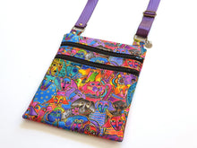 Load image into Gallery viewer, small crossbody bag for dog lover, Laurel Burch dog fabric cross body double zipper cell phone purse, birthday Christmas gift for dog mom