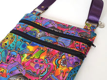 Load image into Gallery viewer, small crossbody bag for dog lover, Laurel Burch dog fabric cross body double zipper cell phone purse, birthday Christmas gift for dog mom