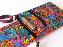 Load image into Gallery viewer, Crossbody phone bag for dog lovers, minimalist cell phone purse for dog mom, laurel burch dog fabric cell phone pouch, dog mum gift idea