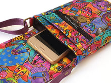 Load image into Gallery viewer, Crossbody phone bag for dog lovers, minimalist cell phone purse for dog mom, laurel burch dog fabric cell phone pouch, dog mum gift idea