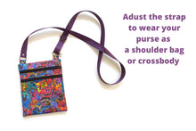 Load image into Gallery viewer, small crossbody bag for dog lover, Laurel Burch dog fabric cross body double zipper cell phone purse, birthday Christmas gift for dog mom