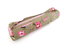 Load image into Gallery viewer, Handmade Yoga mat bag with zipper, green pink floral yoga mat carrier for women, yoga mat tote with zipper pocket, yoga bag, yoga gift idea