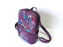 Load image into Gallery viewer, Handmade purple vegan leather backpack, faux leather and cotton fabric backpack purse, mid sized vegan friendly backpack