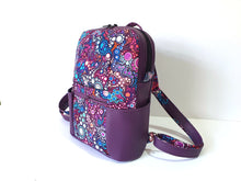 Load image into Gallery viewer, Handmade purple vegan leather backpack, faux leather and cotton fabric backpack purse, mid sized vegan friendly backpack