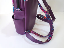 Load image into Gallery viewer, Handmade purple vegan leather backpack, faux leather and cotton fabric backpack purse, mid sized vegan friendly backpack