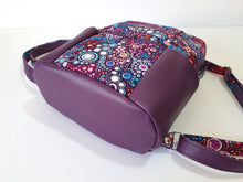 Load image into Gallery viewer, Handmade purple vegan leather backpack, faux leather and cotton fabric backpack purse, mid sized vegan friendly backpack
