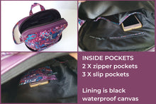 Load image into Gallery viewer, Handmade purple vegan leather backpack, faux leather and cotton fabric backpack purse, mid sized vegan friendly backpack