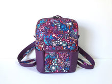 Load image into Gallery viewer, Handmade purple vegan leather backpack, faux leather and cotton fabric backpack purse, mid sized vegan friendly backpack