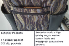 Load image into Gallery viewer, Handmade black vegan leather backpack, faux leather and cotton fabric backpack purse for women, mid sized vegan friendly backpack