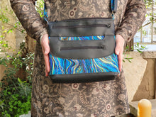 Load image into Gallery viewer, Black vegan leather and marble fabric crossbody purse for women, womens medium sized faux leather cross body everyday bag with zipper