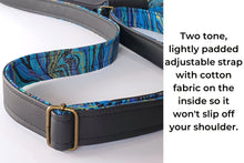 Load image into Gallery viewer, Black vegan leather and marble fabric crossbody purse for women, womens medium sized faux leather cross body everyday bag with zipper