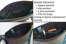 Load image into Gallery viewer, Black vegan leather and marble fabric crossbody purse for women, womens medium sized faux leather cross body everyday bag with zipper