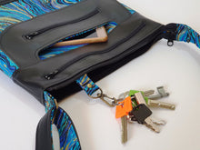 Load image into Gallery viewer, Black vegan leather and marble fabric crossbody purse for women, womens medium sized faux leather cross body everyday bag with zipper