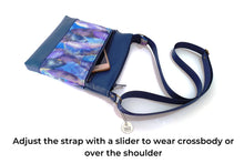 Load image into Gallery viewer, Blue faux leather small crossbody bag for women, vegan leather and blue purple and metallic gold fabric zipper purse with phone pocket
