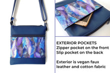Load image into Gallery viewer, Blue faux leather small crossbody bag for women, vegan leather and blue purple and metallic gold fabric zipper purse with phone pocket