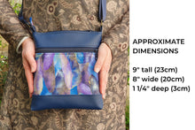 Load image into Gallery viewer, Blue faux leather small crossbody bag for women, vegan leather and blue purple and metallic gold fabric zipper purse with phone pocket