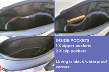 Load image into Gallery viewer, Blue faux leather small crossbody bag for women, vegan leather and blue purple and metallic gold fabric zipper purse with phone pocket