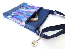 Load image into Gallery viewer, Blue faux leather small crossbody bag for women, vegan leather and blue purple and metallic gold fabric zipper purse with phone pocket
