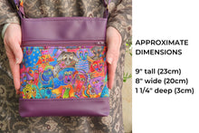 Load image into Gallery viewer, Purple faux leather and Laurel Burch dog fabric small crossbody bag for dog lover, vegan leather zipper purse for women, gift for dog mom