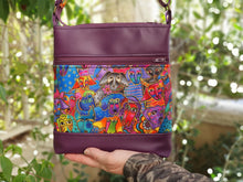 Load image into Gallery viewer, Purple faux leather and Laurel Burch dog fabric small crossbody bag for dog lover, vegan leather zipper purse for women, gift for dog mom