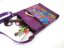 Load image into Gallery viewer, Purple faux leather and Laurel Burch dog fabric small crossbody bag for dog lover, vegan leather zipper purse for women, gift for dog mom