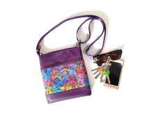 Load image into Gallery viewer, Purple faux leather and Laurel Burch dog fabric small crossbody bag for dog lover, vegan leather zipper purse for women, gift for dog mom