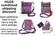 Load image into Gallery viewer, Purple faux leather and Laurel Burch dog fabric small crossbody bag for dog lover, vegan leather zipper purse for women, gift for dog mom
