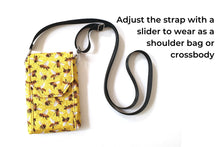 Load image into Gallery viewer, Bee fabric cell phone purse, bee gifts, minimalist small crossbody bag with phone pocket for bee lover, cell phone bag, beekeeper gift, bees