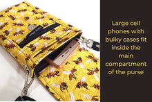 Load image into Gallery viewer, Bee fabric cell phone purse, bee gifts, minimalist small crossbody bag with phone pocket for bee lover, cell phone bag, beekeeper gift, bees
