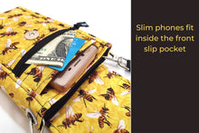 Load image into Gallery viewer, Bee fabric cell phone purse, bee gifts, minimalist small crossbody bag with phone pocket for bee lover, cell phone bag, beekeeper gift, bees