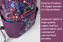 Load image into Gallery viewer, Handmade purple vegan leather backpack, faux leather and cotton fabric backpack purse, mid sized vegan friendly backpack