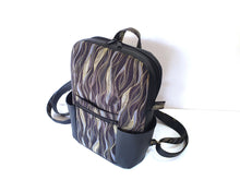 Load image into Gallery viewer, Handmade black vegan leather backpack, faux leather and cotton fabric backpack purse for women, mid sized vegan friendly backpack