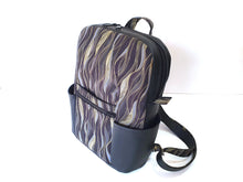 Load image into Gallery viewer, Handmade black vegan leather backpack, faux leather and cotton fabric backpack purse for women, mid sized vegan friendly backpack