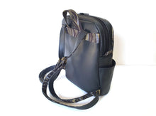 Load image into Gallery viewer, Handmade black vegan leather backpack, faux leather and cotton fabric backpack purse for women, mid sized vegan friendly backpack