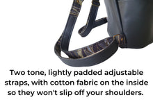 Load image into Gallery viewer, Handmade black vegan leather backpack, faux leather and cotton fabric backpack purse for women, mid sized vegan friendly backpack