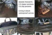 Load image into Gallery viewer, Handmade black vegan leather backpack, faux leather and cotton fabric backpack purse for women, mid sized vegan friendly backpack