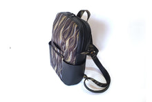 Load image into Gallery viewer, Handmade black vegan leather backpack, faux leather and cotton fabric backpack purse for women, mid sized vegan friendly backpack