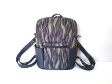 Load image into Gallery viewer, Handmade black vegan leather backpack, faux leather and cotton fabric backpack purse for women, mid sized vegan friendly backpack